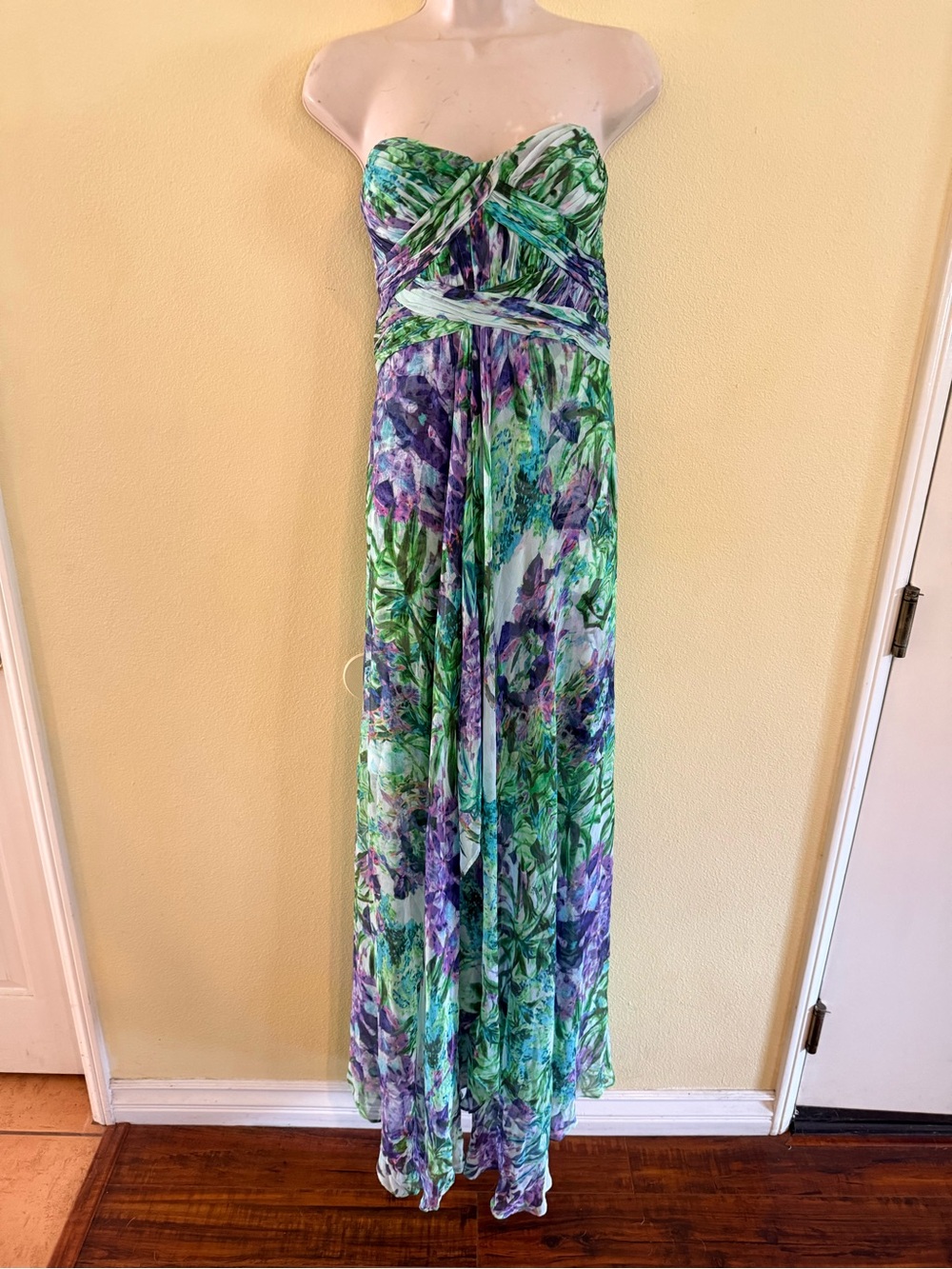 Aidan Mattox Strapless Floral Print Maxi Dress in Green and Purple size 14 NWT